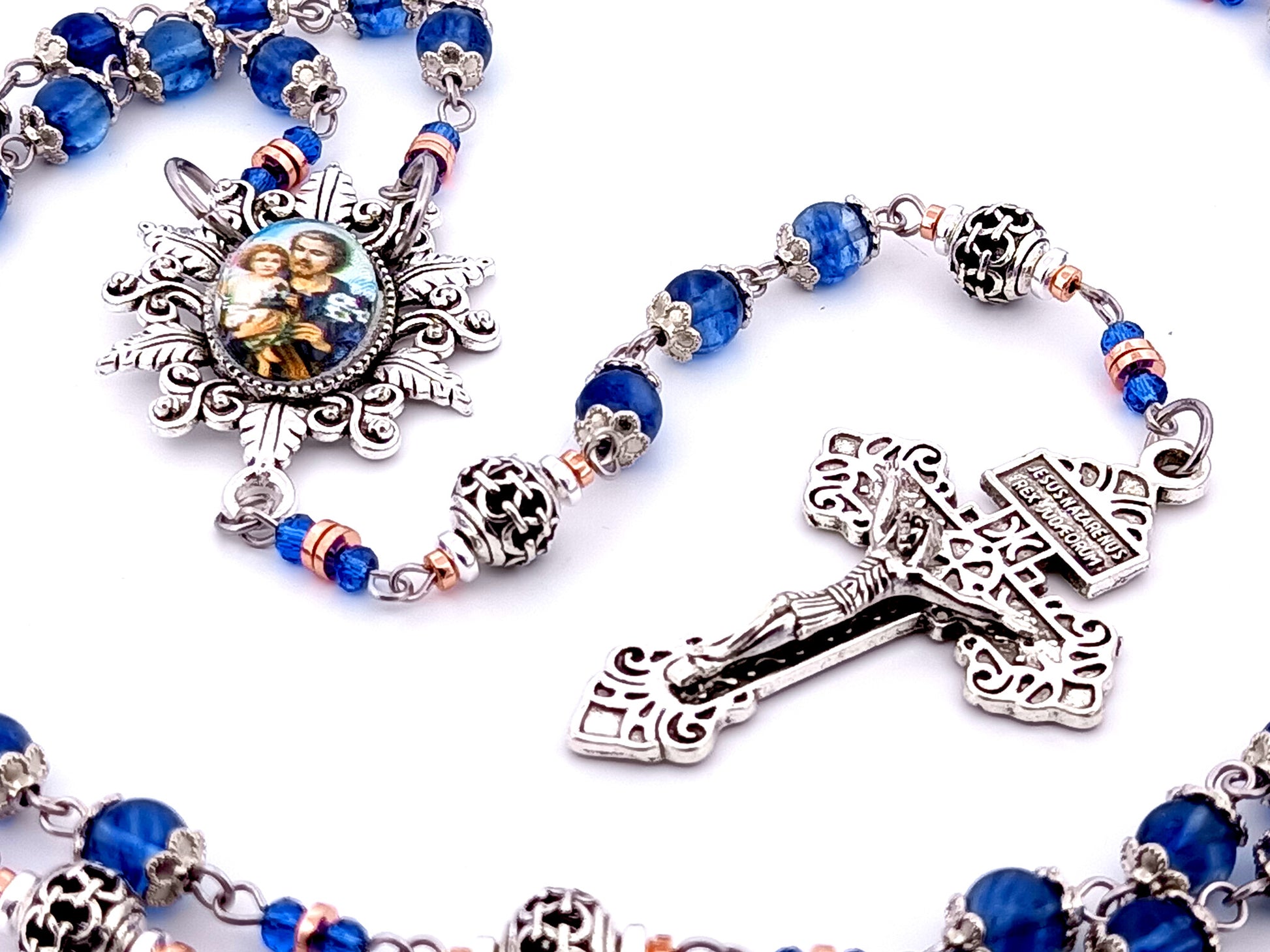 Saint Joseph unique rosary beads blue glass and silver lattice rosary with Pardon crucifix.