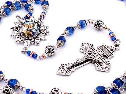 Saint Joseph unique rosary beads blue glass and silver lattice rosary with Pardon crucifix.