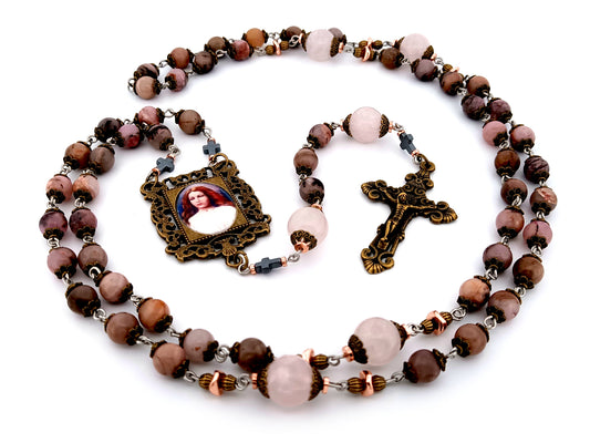 Saint Maria unique rosary beads Goretti rhodonite and pink quartz gemstone rosary with bronze filigree crucifix.