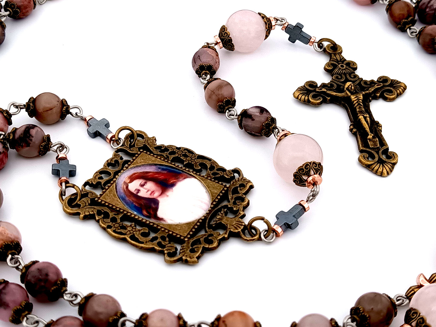 Saint Maria unique rosary beads Goretti rhodonite and pink quartz gemstone rosary with bronze filigree crucifix.