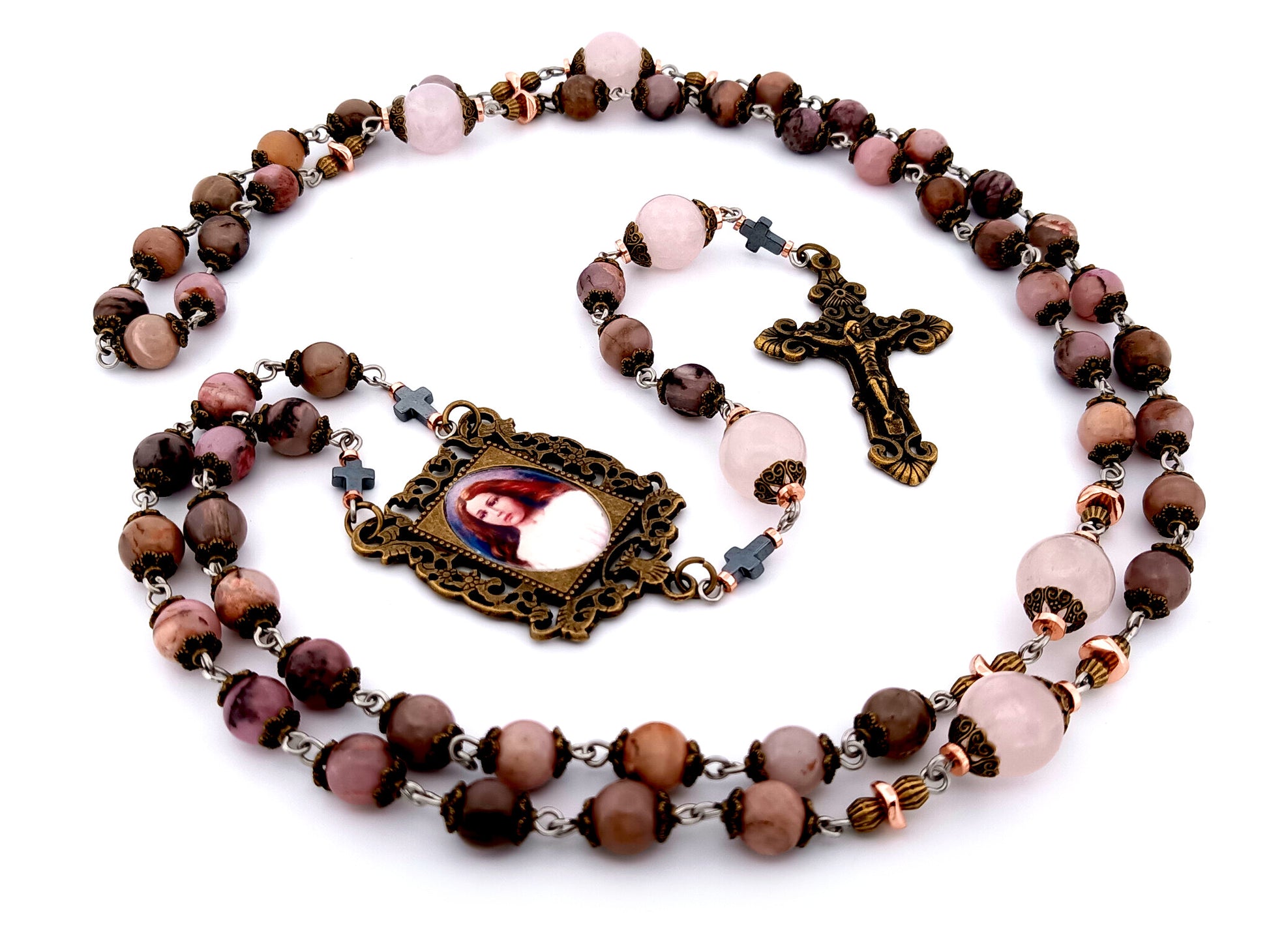 Saint Maria unique rosary beads Goretti rhodonite and pink quartz gemstone rosary with bronze filigree crucifix.