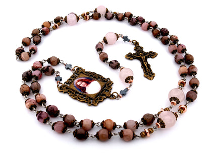 Saint Maria unique rosary beads Goretti rhodonite and pink quartz gemstone rosary with bronze filigree crucifix.