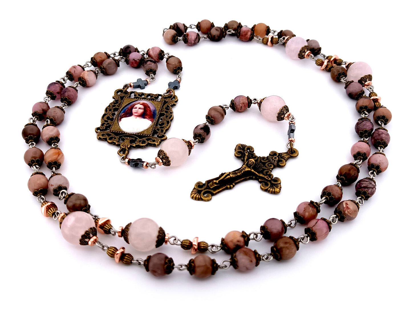Saint Maria unique rosary beads Goretti rhodonite and pink quartz gemstone rosary with bronze filigree crucifix.