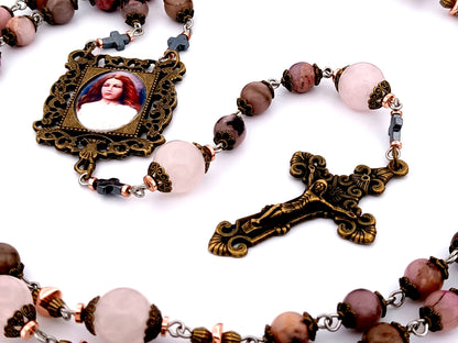 Saint Maria unique rosary beads Goretti rhodonite and pink quartz gemstone rosary with bronze filigree crucifix.