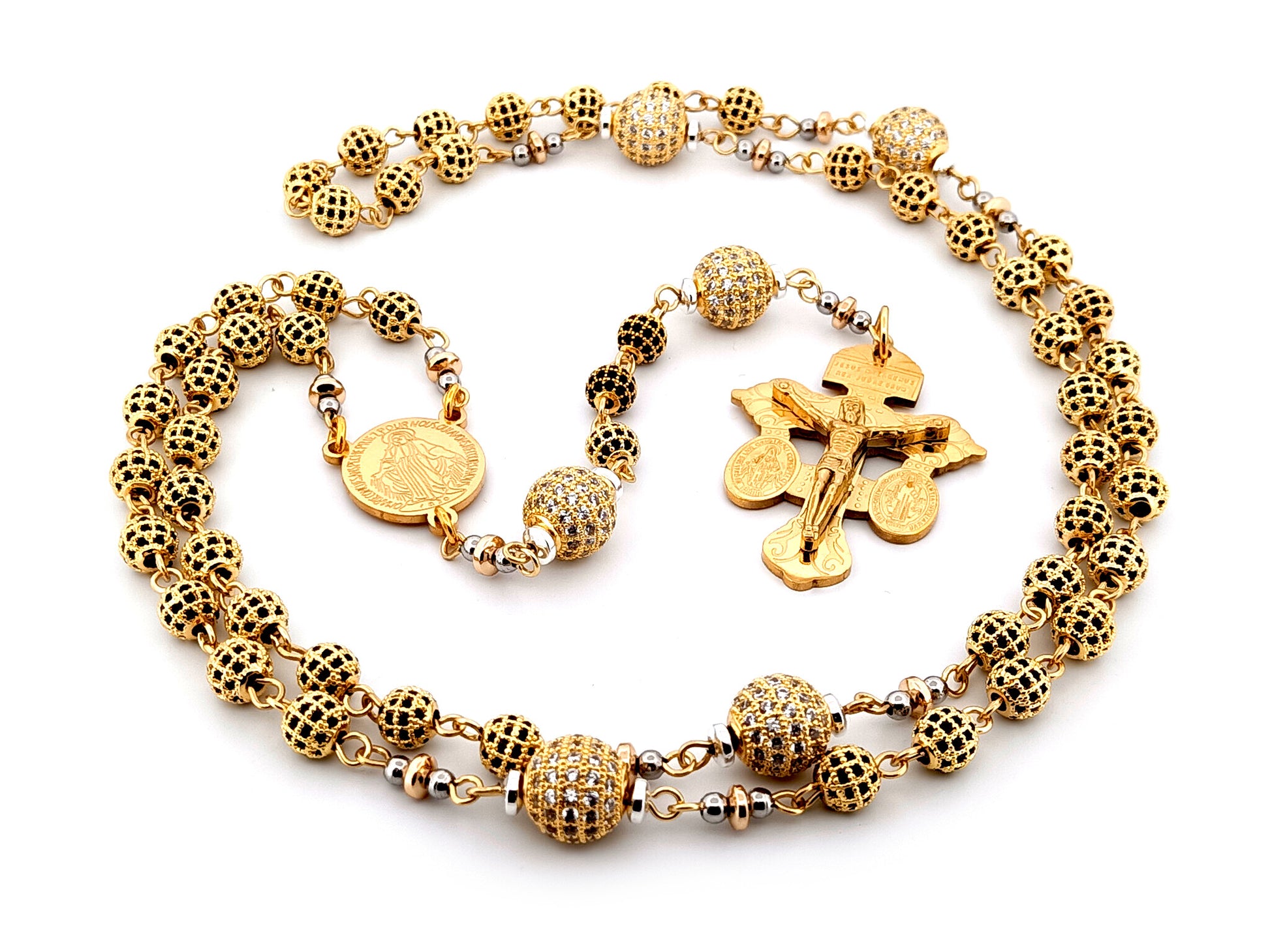 Miraculous Medal unique rosary beads 18K gold plated cubic zirconia rosary with gold plated double Pardon crucifix.