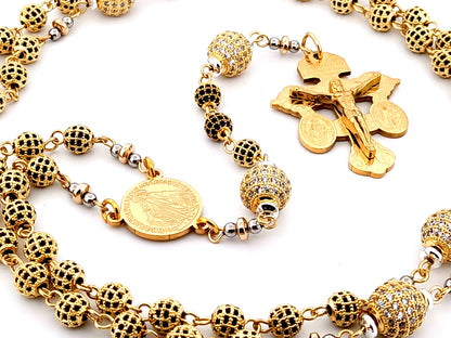 Miraculous Medal unique rosary beads 18K gold plated cubic zirconia rosary with gold plated double Pardon crucifix.