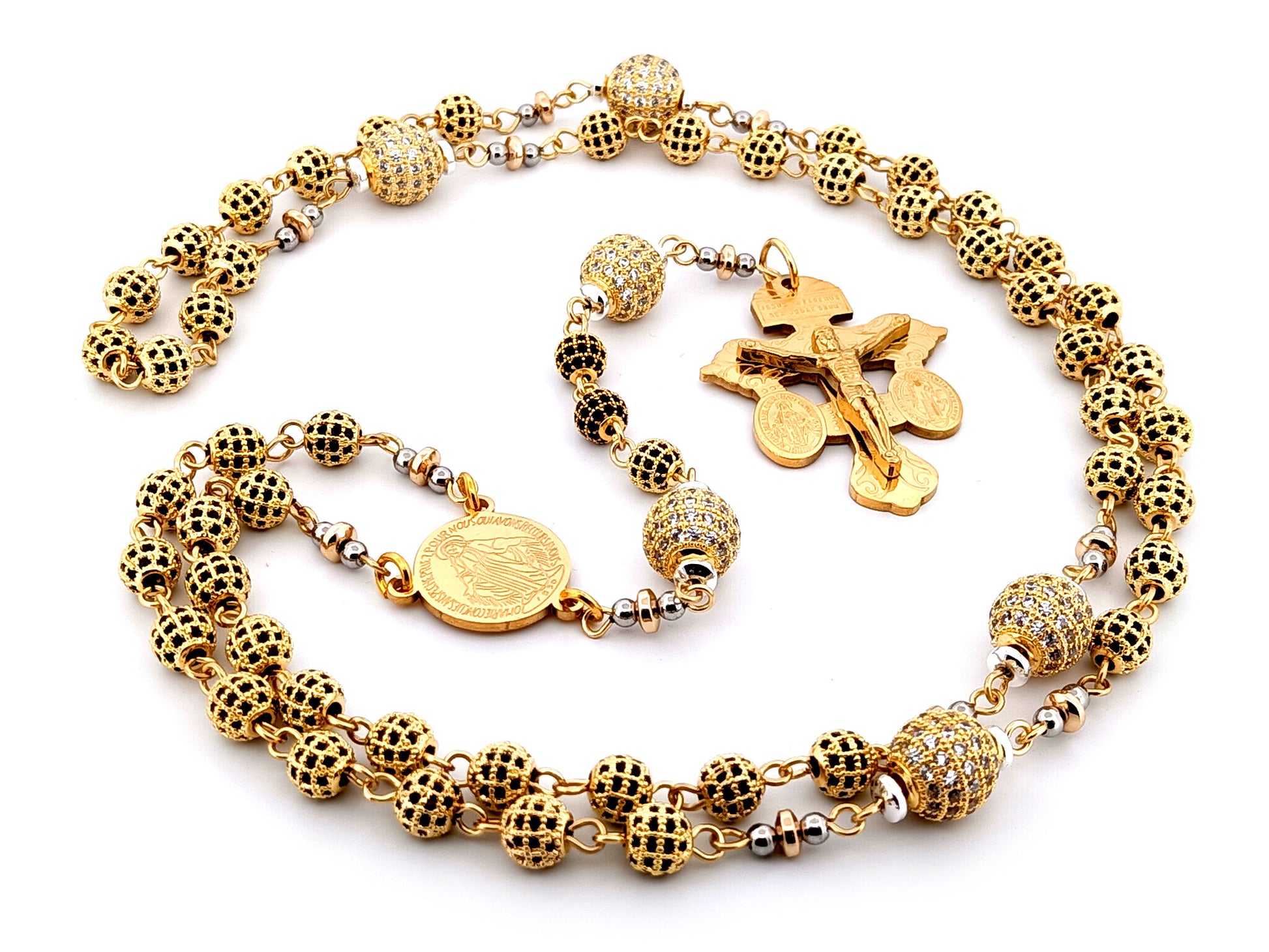 Miraculous Medal unique rosary beads 18K gold plated cubic zirconia rosary with gold plated double Pardon crucifix.