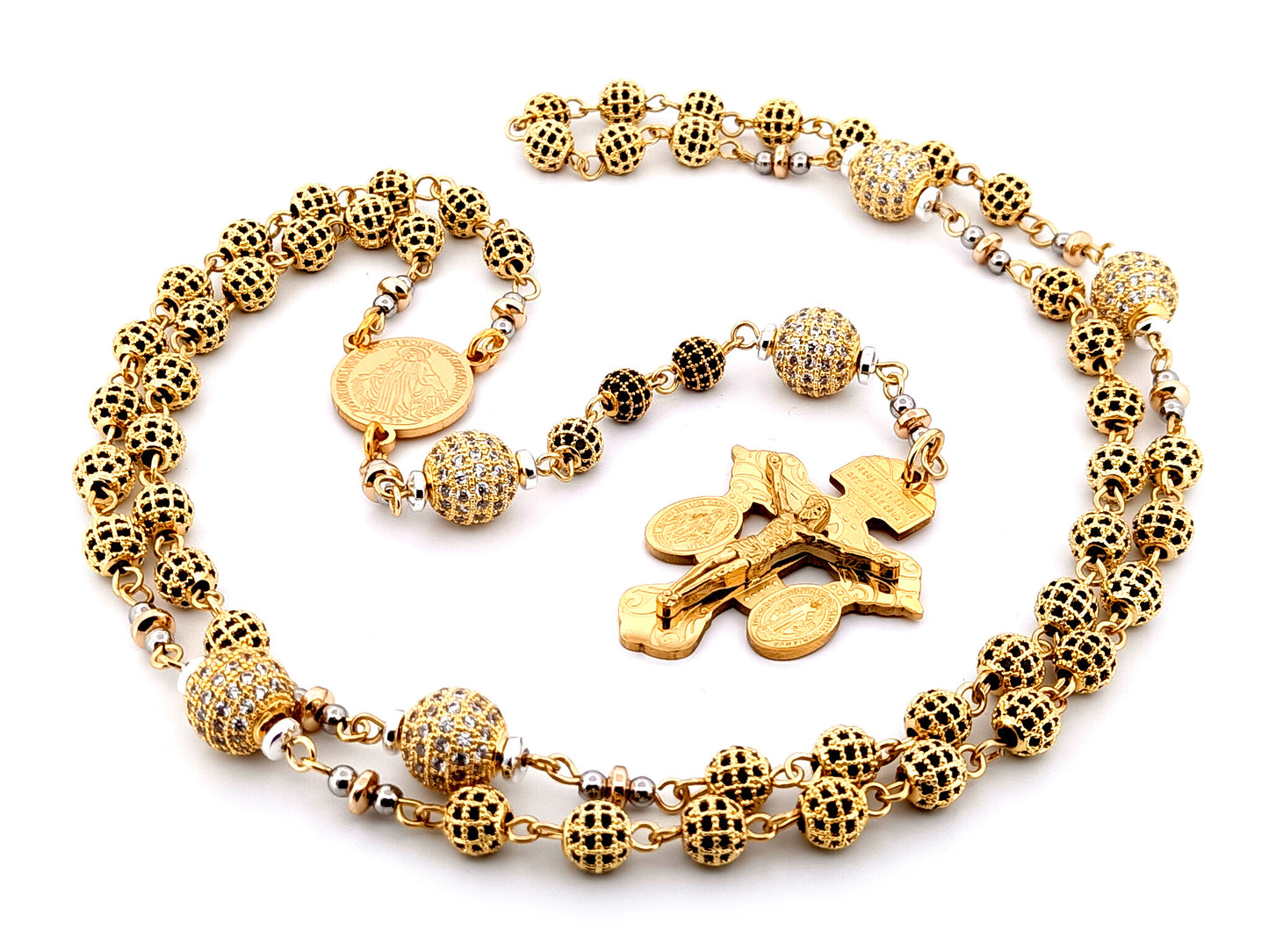 Miraculous Medal unique rosary beads 18K gold plated cubic zirconia rosary with gold plated double Pardon crucifix.