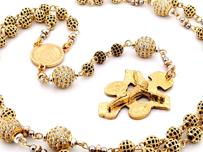 Miraculous Medal unique rosary beads 18K gold plated cubic zirconia rosary with gold plated double Pardon crucifix.
