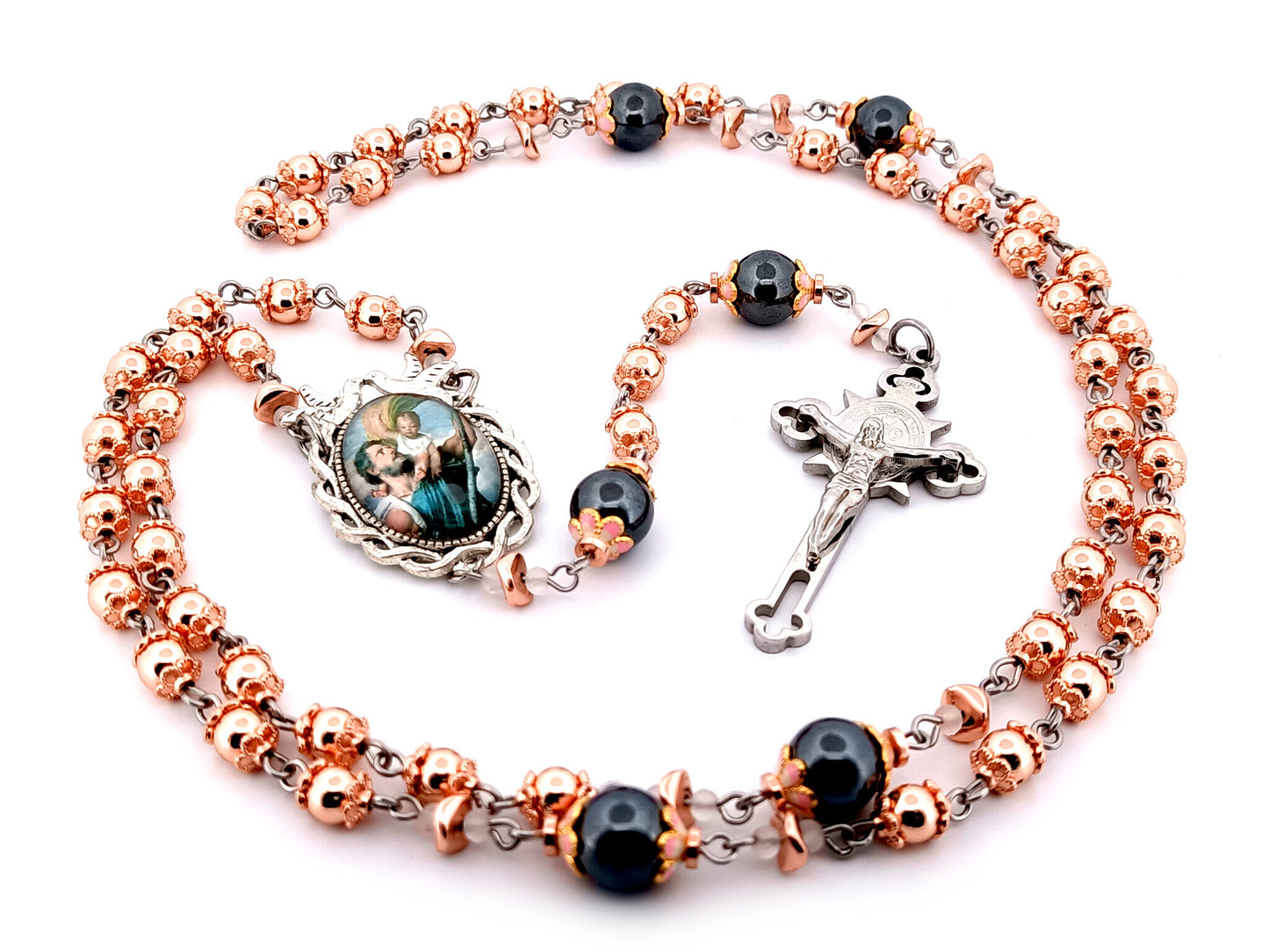 Saint Christopher unique rosary beads rose gold hematite gemstone rosary with black stainless steel Saint Benedict crucifix.
