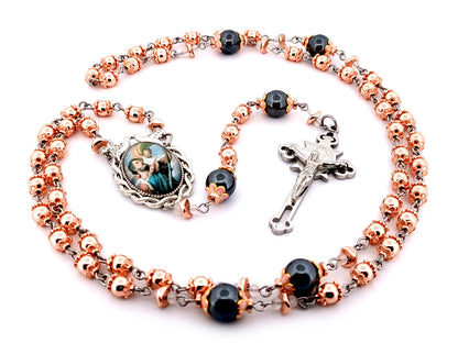 Saint Christopher unique rosary beads rose gold hematite gemstone rosary with black stainless steel Saint Benedict crucifix.