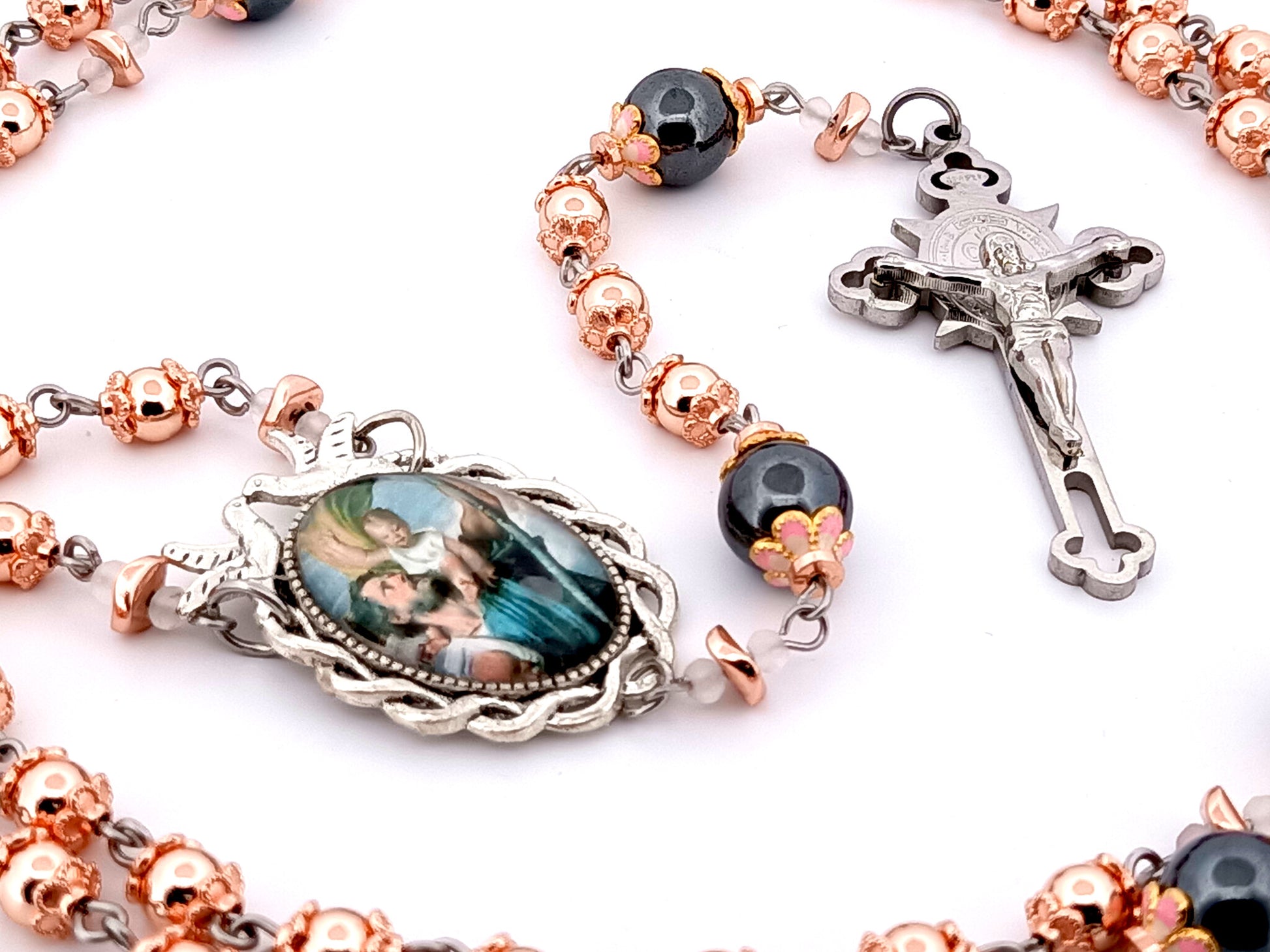 Saint Christopher unique rosary beads rose gold hematite gemstone rosary with black stainless steel Saint Benedict crucifix.