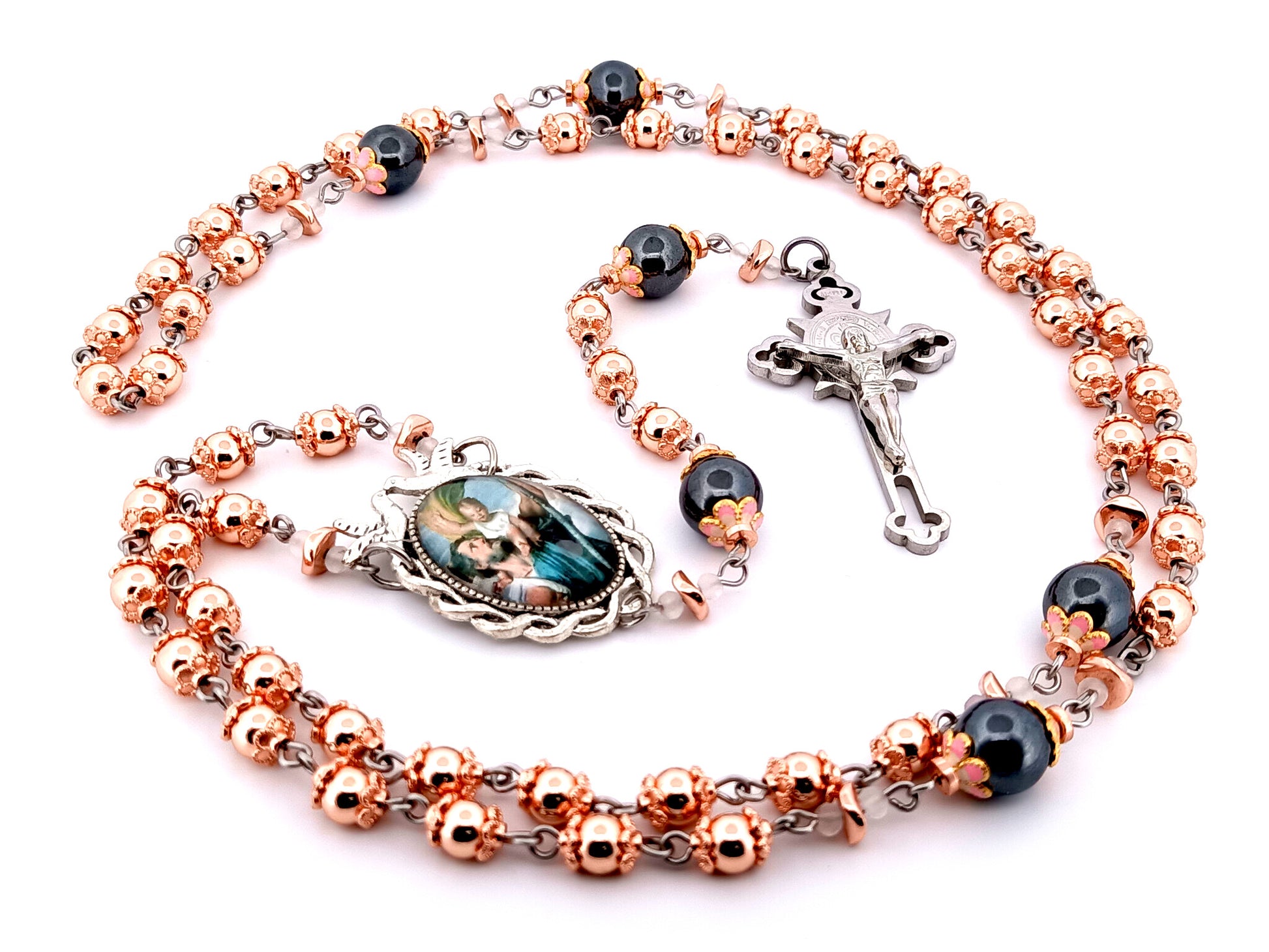 Saint Christopher unique rosary beads rose gold hematite gemstone rosary with black stainless steel Saint Benedict crucifix.