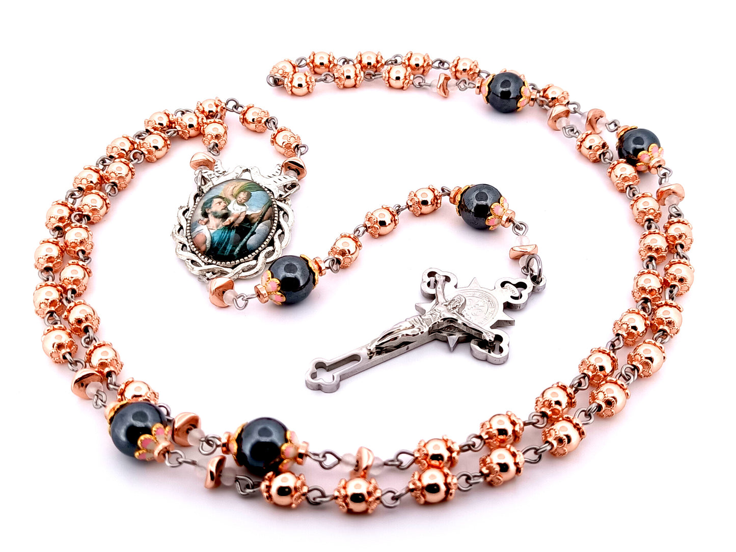 Saint Christopher unique rosary beads rose gold hematite gemstone rosary with black stainless steel Saint Benedict crucifix.