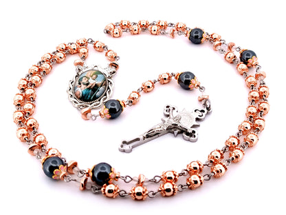 Saint Christopher unique rosary beads rose gold hematite gemstone rosary with black stainless steel Saint Benedict crucifix.