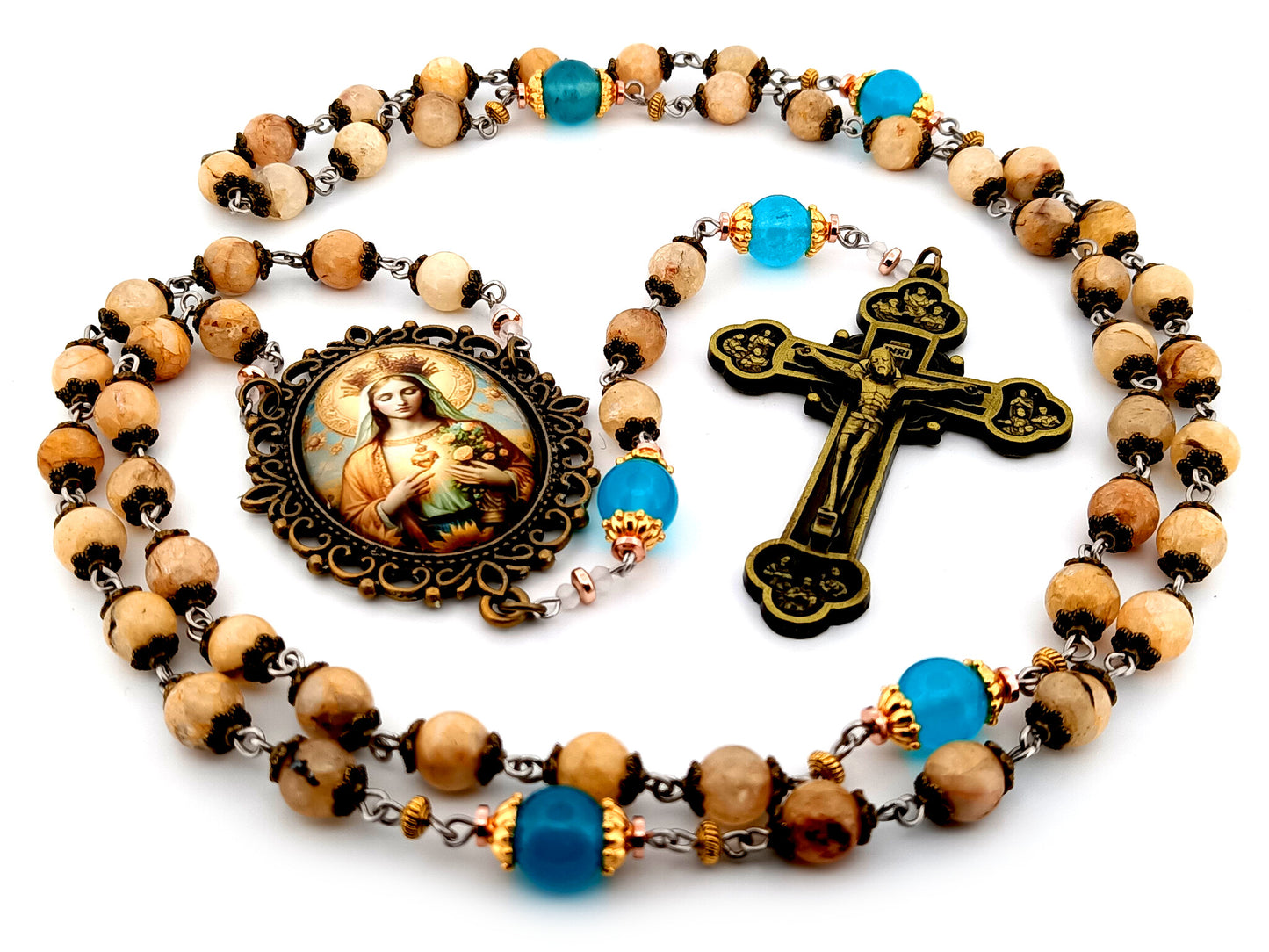 Immaculate Heart of Mary unique rosary beads  large jade gemstone and blue glass rosary with brass twelve apostles crucifix.
