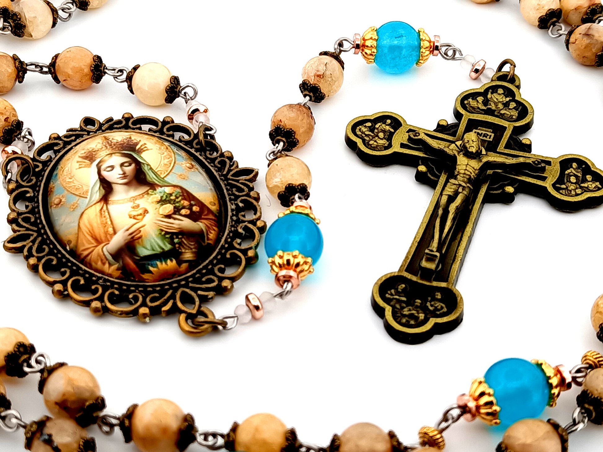 Immaculate Heart of Mary unique rosary beads  large jade gemstone and blue glass rosary with brass twelve apostles crucifix.