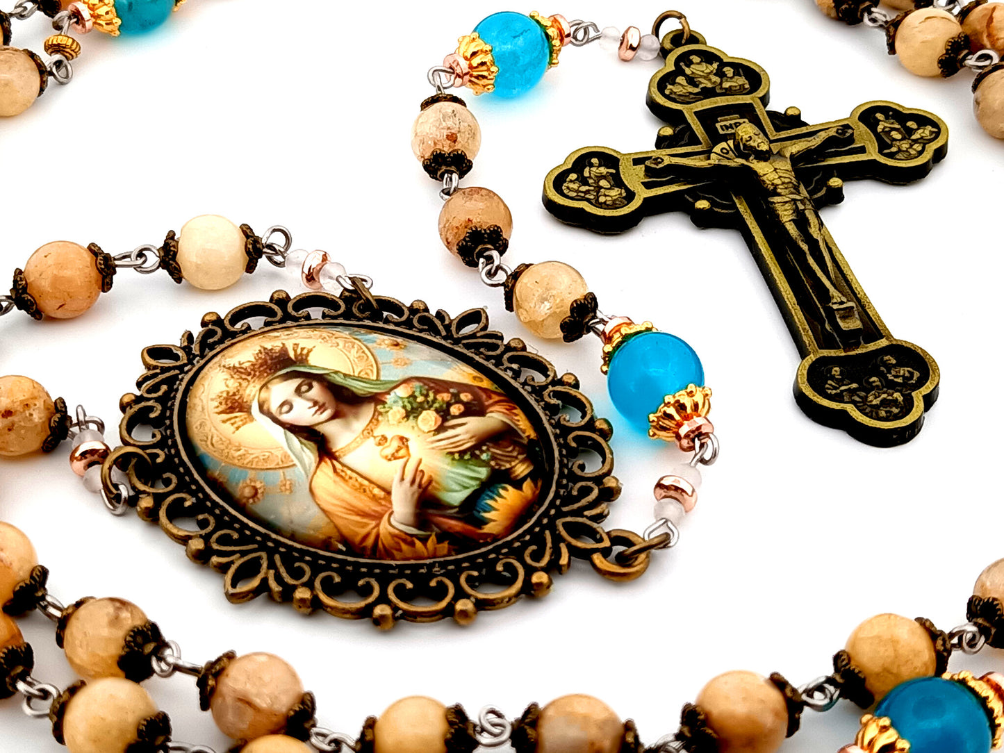 Immaculate Heart of Mary unique rosary beads  large jade gemstone and blue glass rosary with brass twelve apostles crucifix.
