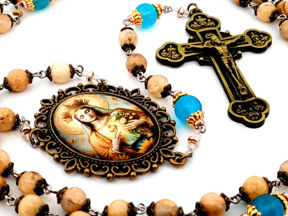 Immaculate Heart of Mary unique rosary beads  large jade gemstone and blue glass rosary with brass twelve apostles crucifix.