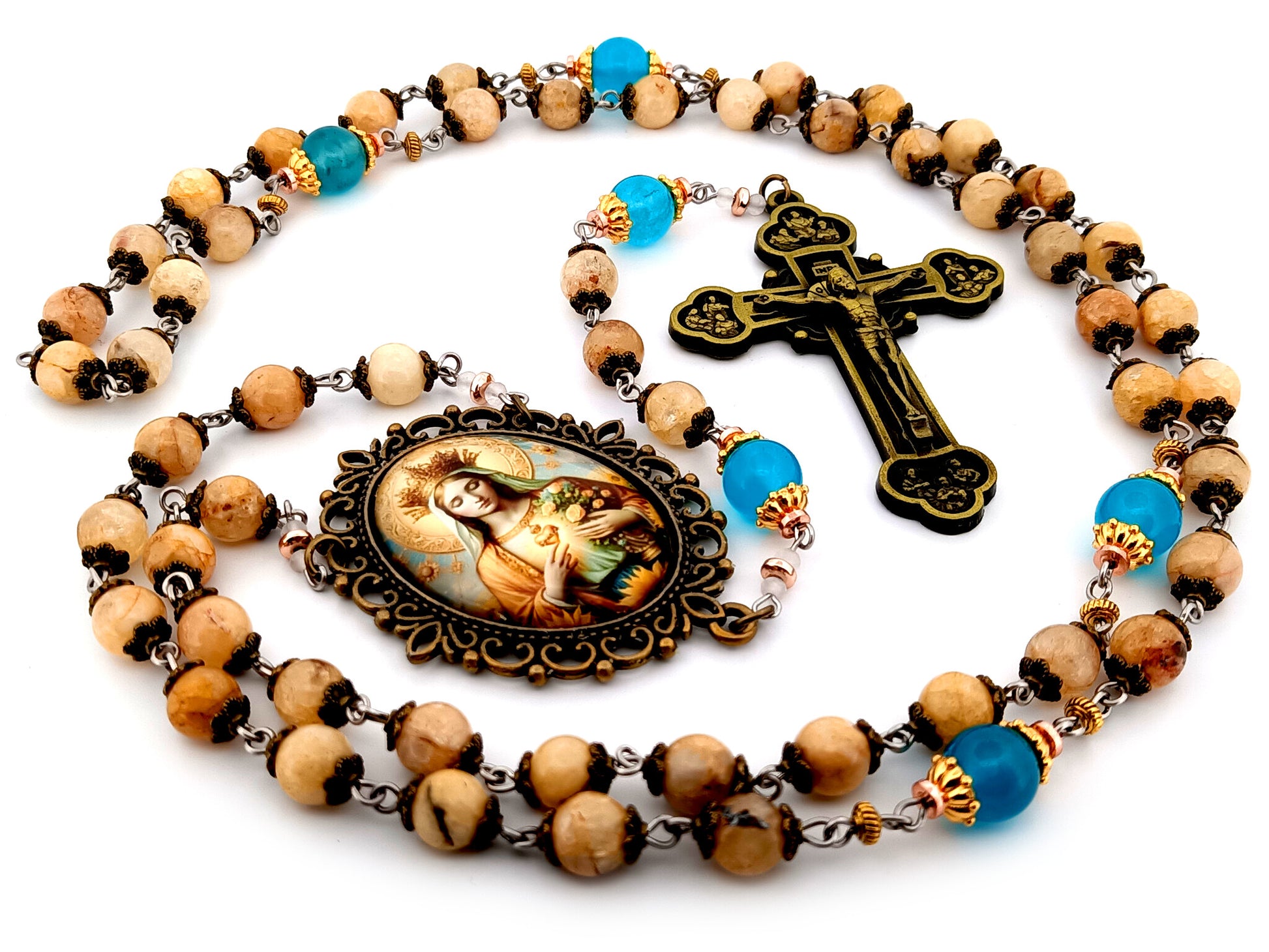 Immaculate Heart of Mary unique rosary beads  large jade gemstone and blue glass rosary with brass twelve apostles crucifix.