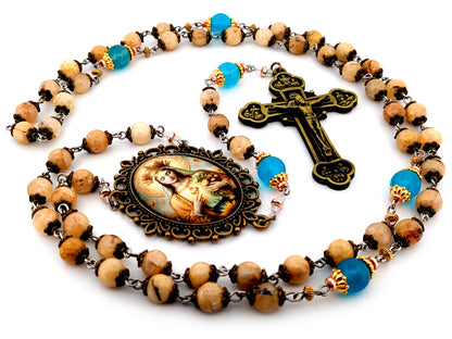 Immaculate Heart of Mary unique rosary beads  large jade gemstone and blue glass rosary with brass twelve apostles crucifix.