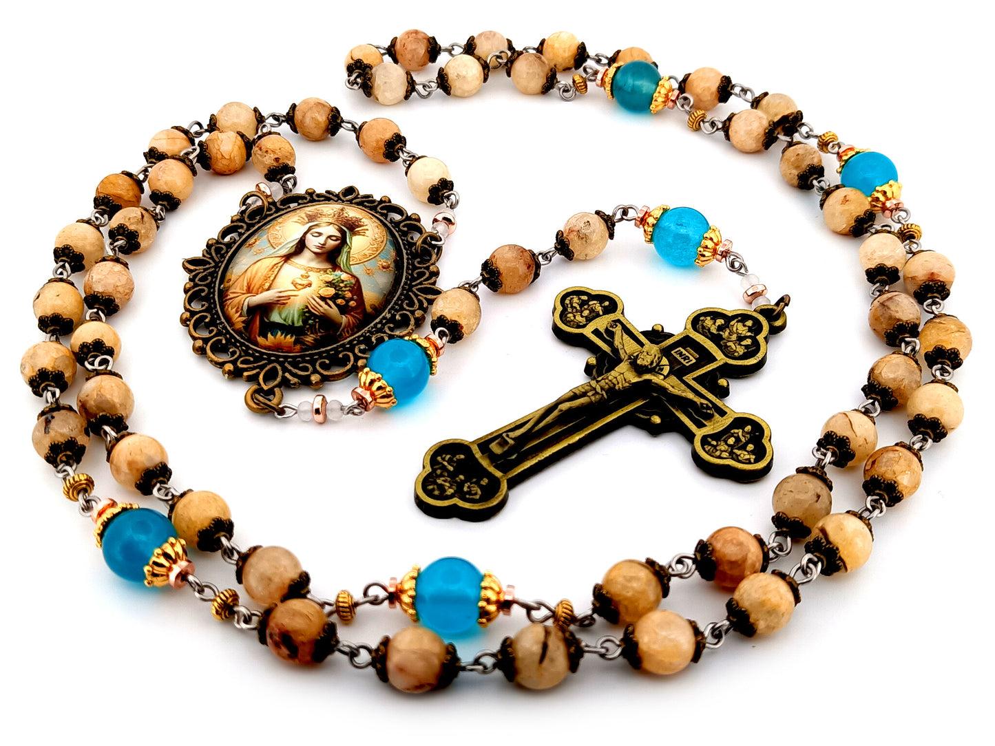 Immaculate Heart of Mary unique rosary beads  large jade gemstone and blue glass rosary with brass twelve apostles crucifix.
