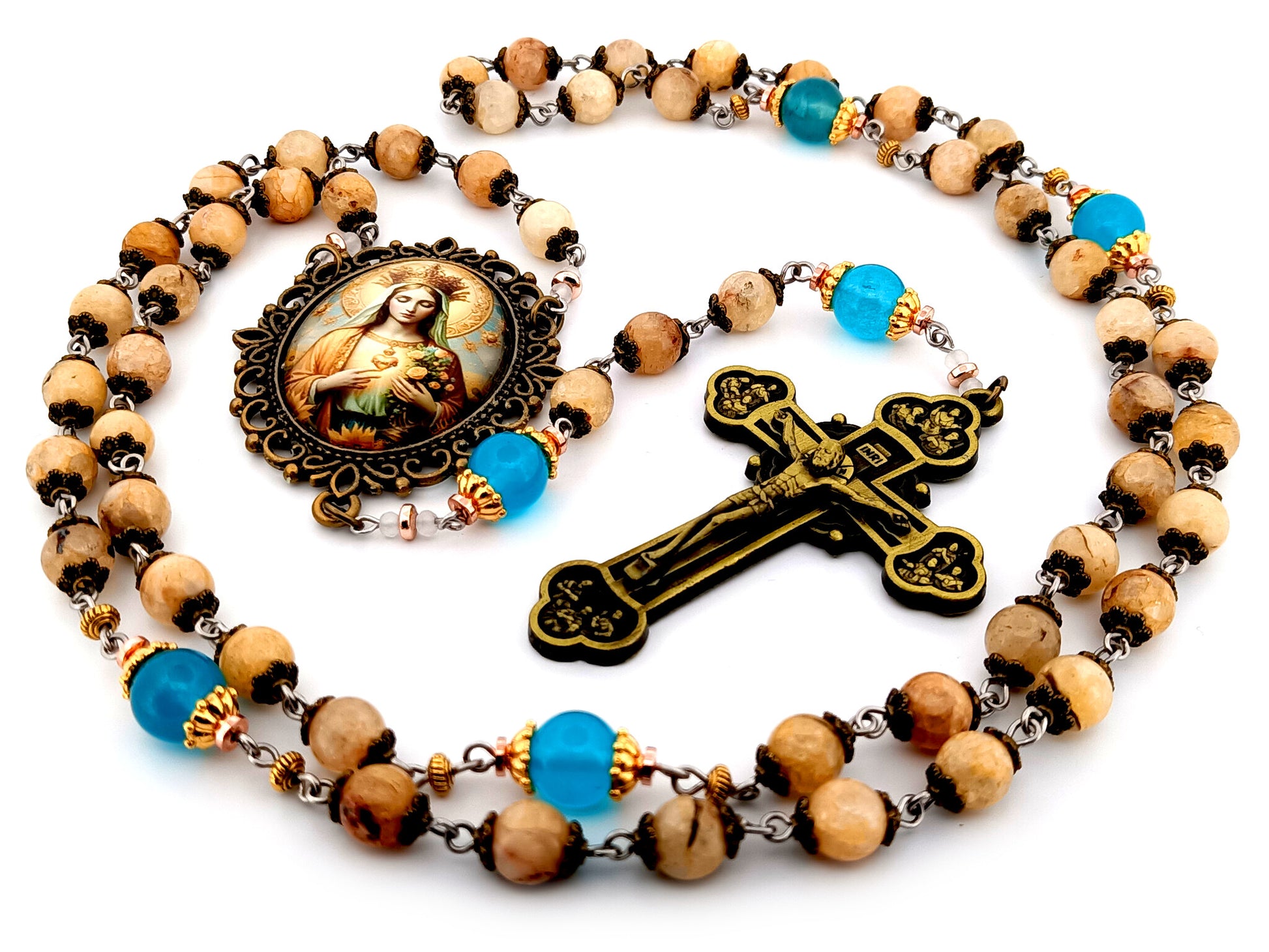 Immaculate Heart of Mary unique rosary beads  large jade gemstone and blue glass rosary with brass twelve apostles crucifix.