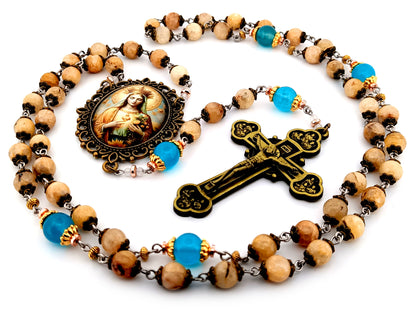 Immaculate Heart of Mary unique rosary beads  large jade gemstone and blue glass rosary with brass twelve apostles crucifix.
