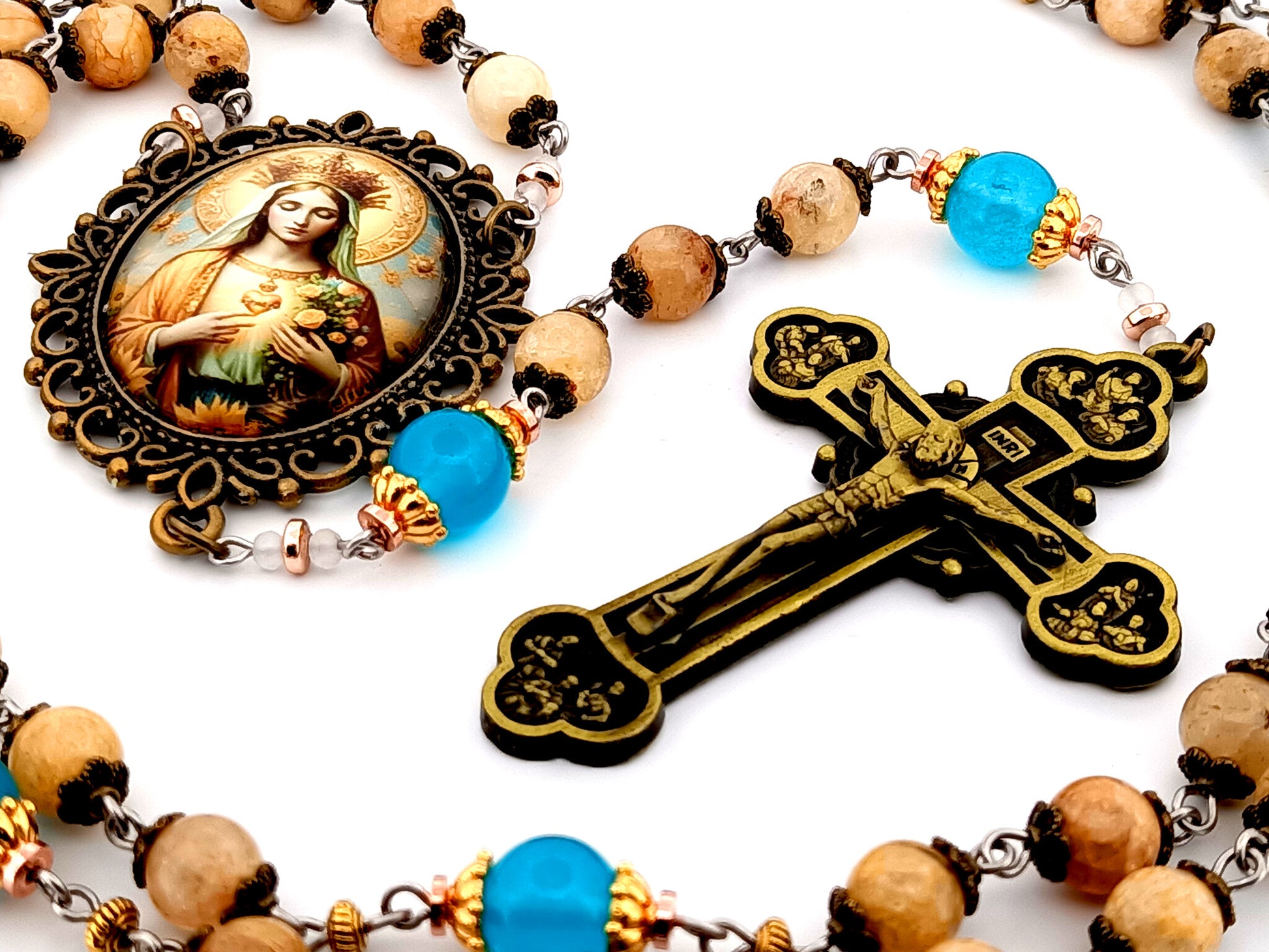 Immaculate Heart of Mary unique rosary beads  large jade gemstone and blue glass rosary with brass twelve apostles crucifix.