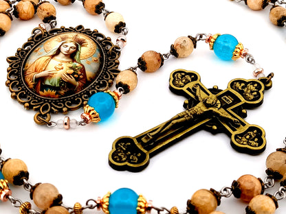 Immaculate Heart of Mary unique rosary beads  large jade gemstone and blue glass rosary with brass twelve apostles crucifix.