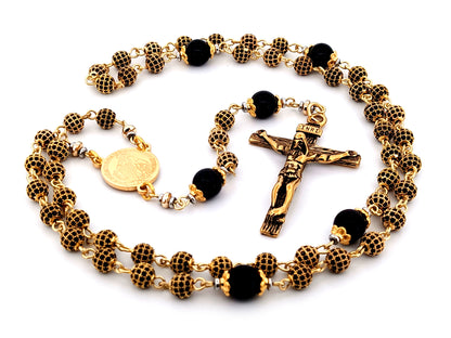 Miraculous Medal 18K gold plated cubic zirconia and onyx gemstone rosary beads with gold plated crucifix.