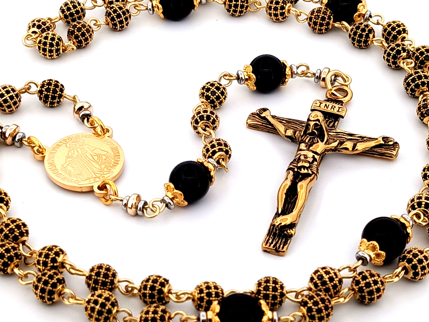 Miraculous Medal 18K gold plated cubic zirconia and onyx gemstone rosary beads with gold plated crucifix.