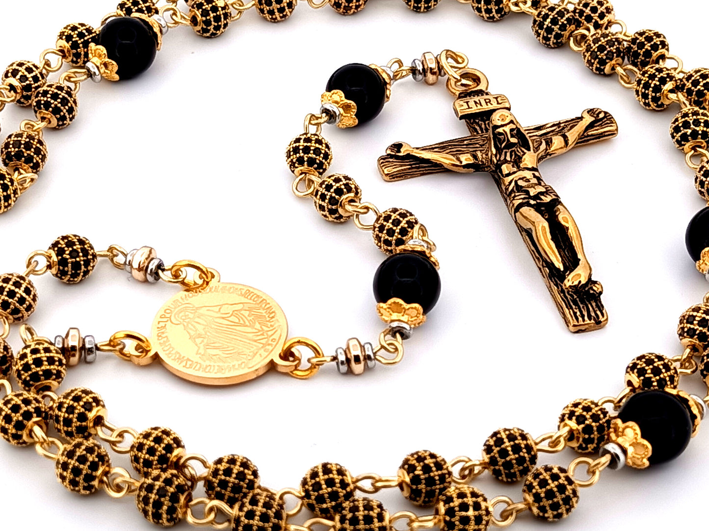 Miraculous Medal 18K gold plated cubic zirconia and onyx gemstone rosary beads with gold plated crucifix.
