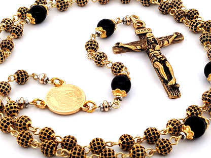Miraculous Medal 18K gold plated cubic zirconia and onyx gemstone rosary beads with gold plated crucifix.