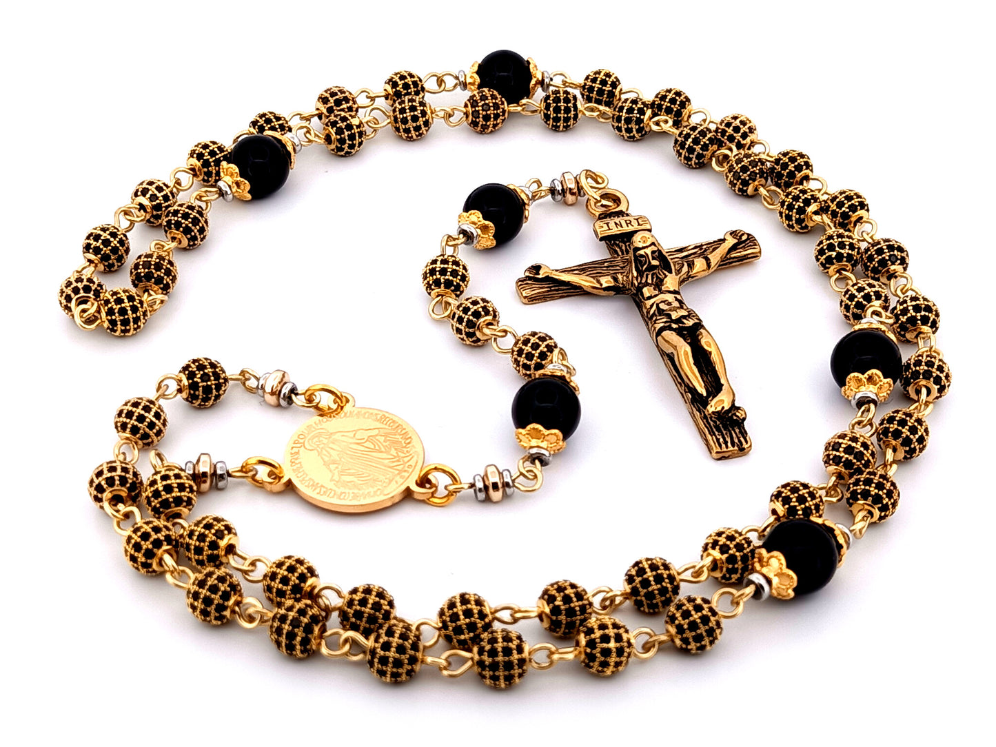 Miraculous Medal 18K gold plated cubic zirconia and onyx gemstone rosary beads with gold plated crucifix.