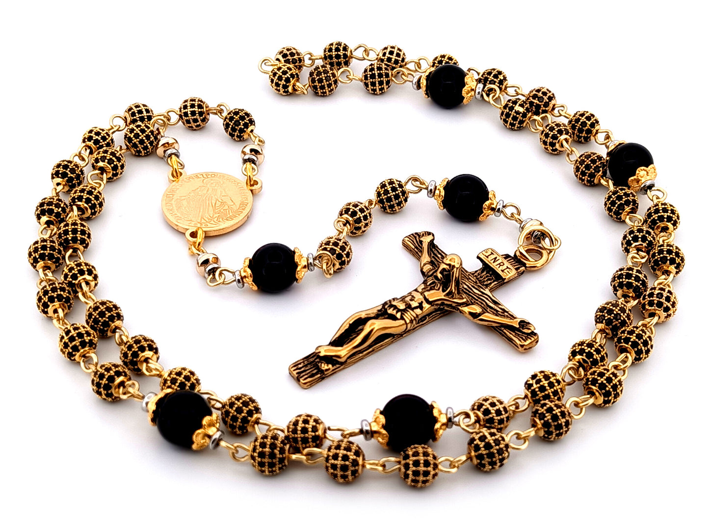 Miraculous Medal 18K gold plated cubic zirconia and onyx gemstone rosary beads with gold plated crucifix.