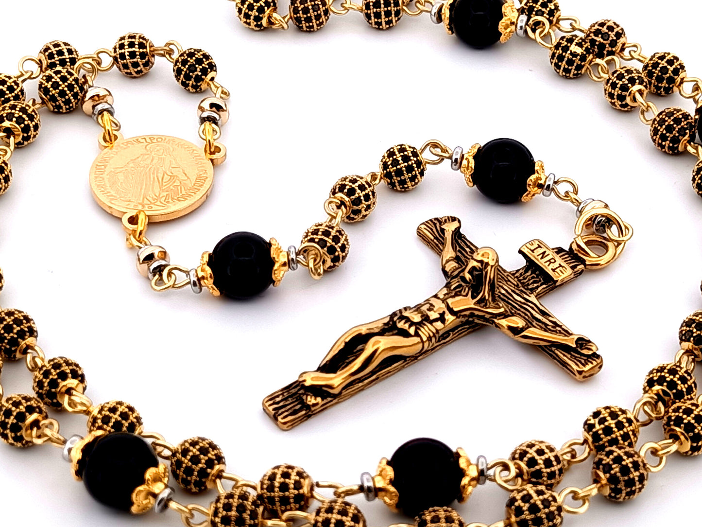 Miraculous Medal 18K gold plated cubic zirconia and onyx gemstone rosary beads with gold plated crucifix.