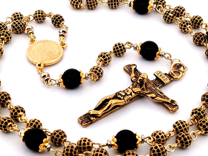 Miraculous Medal 18K gold plated cubic zirconia and onyx gemstone rosary beads with gold plated crucifix.