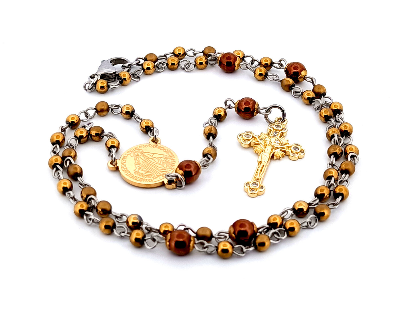 Miraculous Medal unique rosary beads hematite gemstone wearable miniature rosary necklace with gold plated crystal sunburst crucifix.