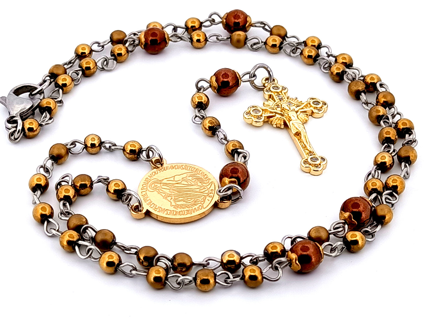 Miraculous Medal unique rosary beads hematite gemstone wearable miniature rosary necklace with gold plated crystal sunburst crucifix.