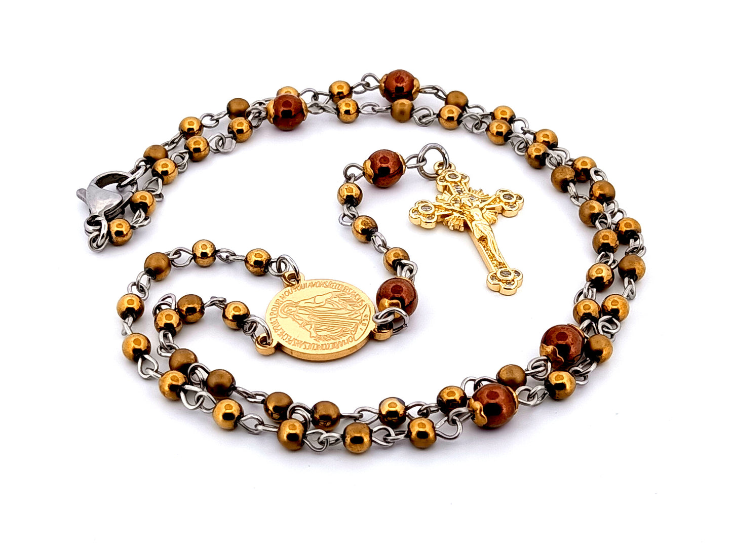Miraculous Medal unique rosary beads hematite gemstone wearable miniature rosary necklace with gold plated crystal sunburst crucifix.