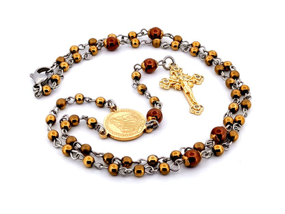 Miraculous Medal unique rosary beads hematite gemstone wearable miniature rosary necklace with gold plated crystal sunburst crucifix.