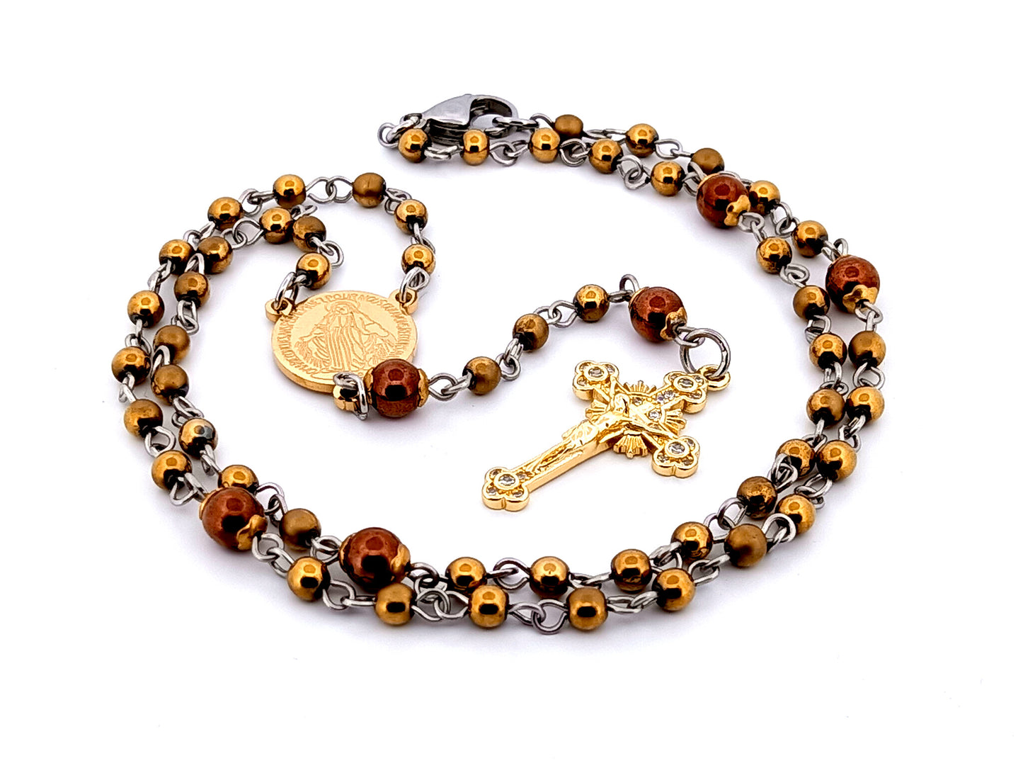 Miraculous Medal unique rosary beads hematite gemstone wearable miniature rosary necklace with gold plated crystal sunburst crucifix.