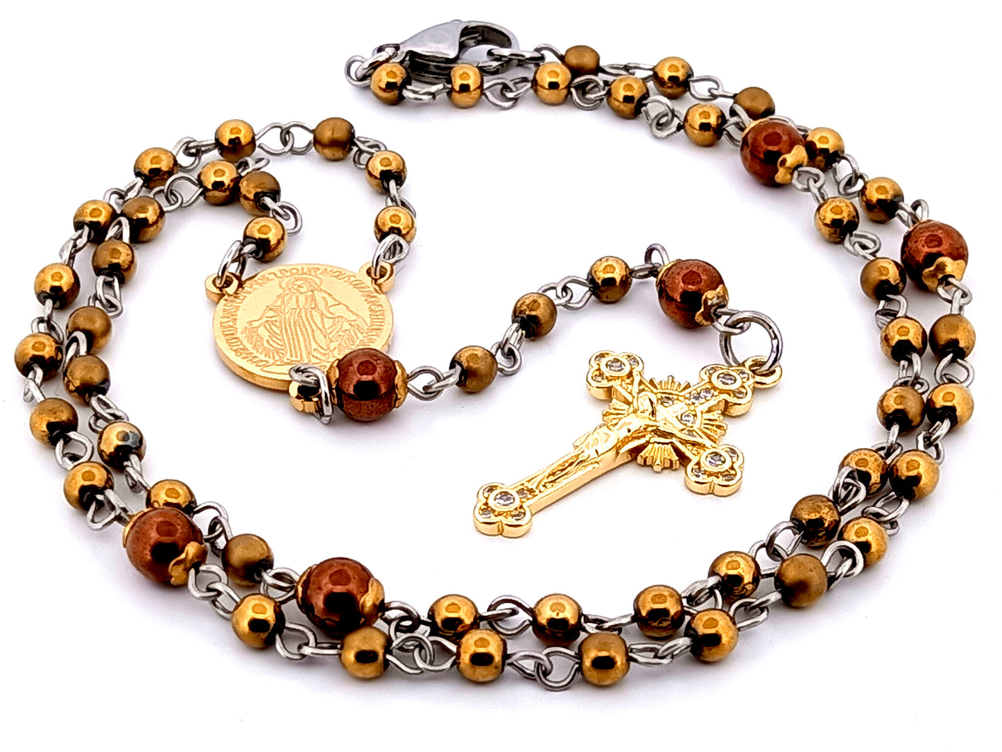 Miraculous Medal unique rosary beads hematite gemstone wearable miniature rosary necklace with gold plated crystal sunburst crucifix.