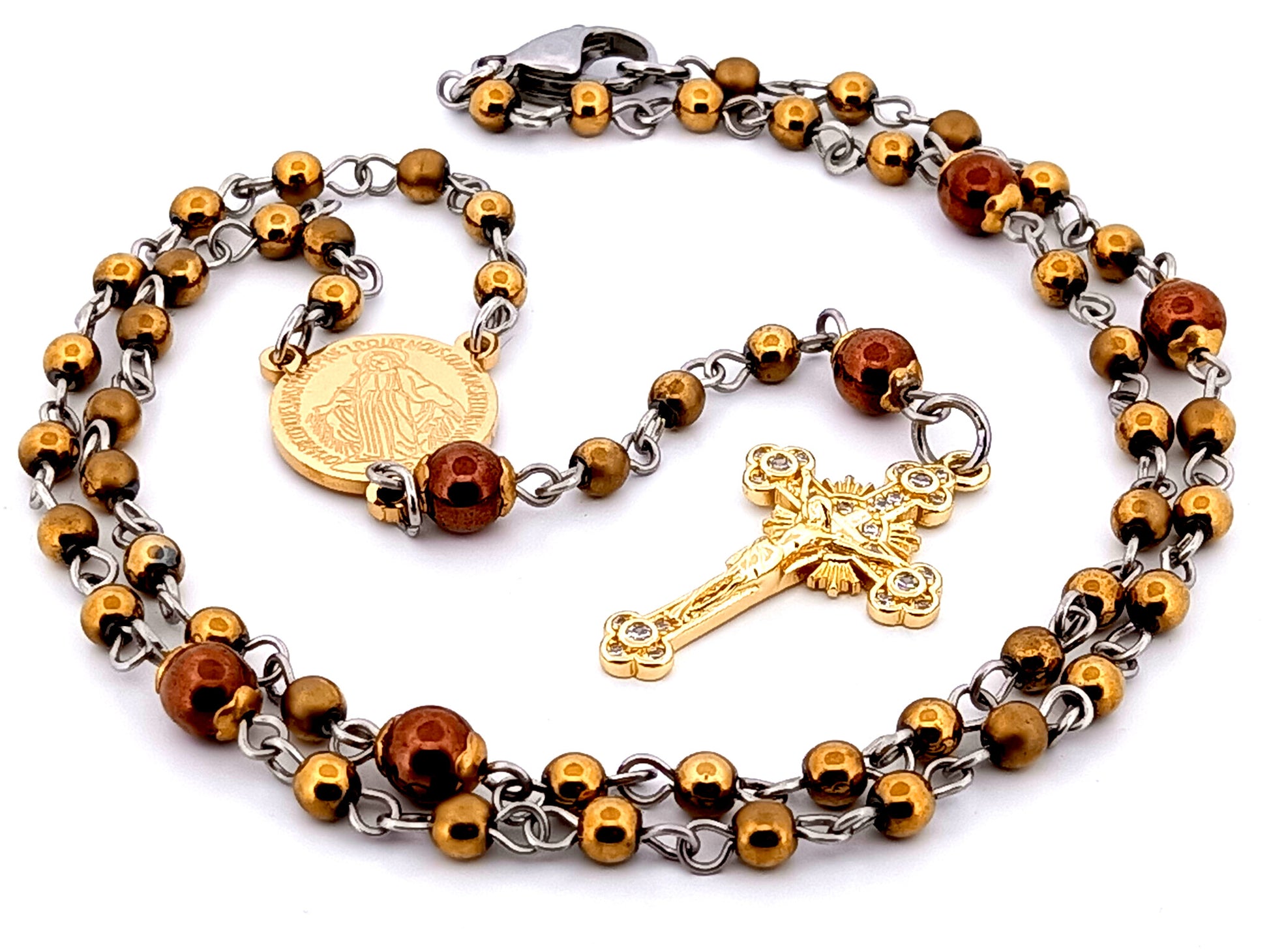 Miraculous Medal unique rosary beads hematite gemstone wearable miniature rosary necklace with gold plated crystal sunburst crucifix.