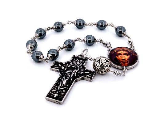 Holy Face unique rosary beads hematite gemstone single decade rosary with stainless steel Resurrection crucifix.