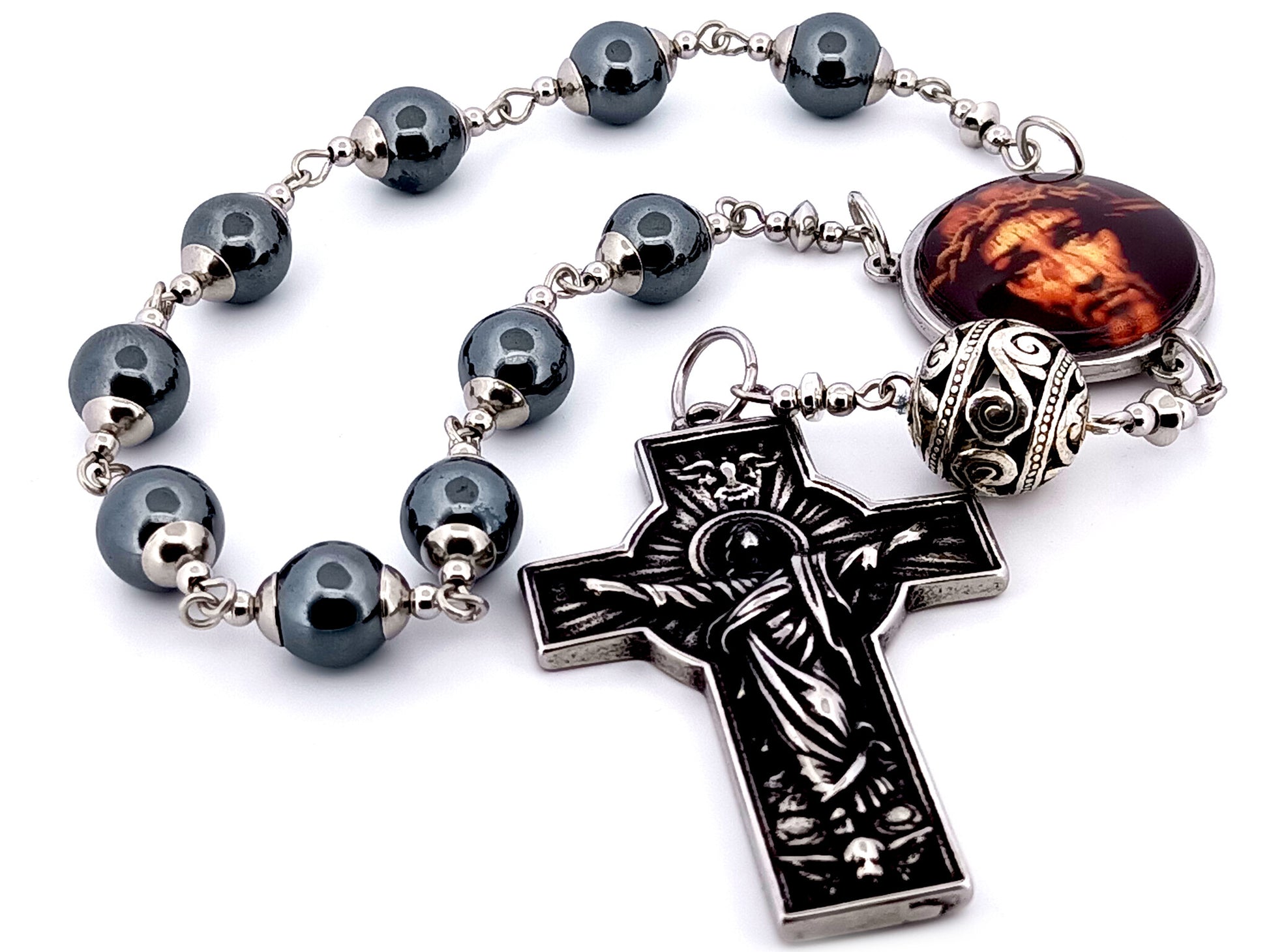 Holy Face unique rosary beads hematite gemstone single decade rosary with stainless steel Resurrection crucifix.