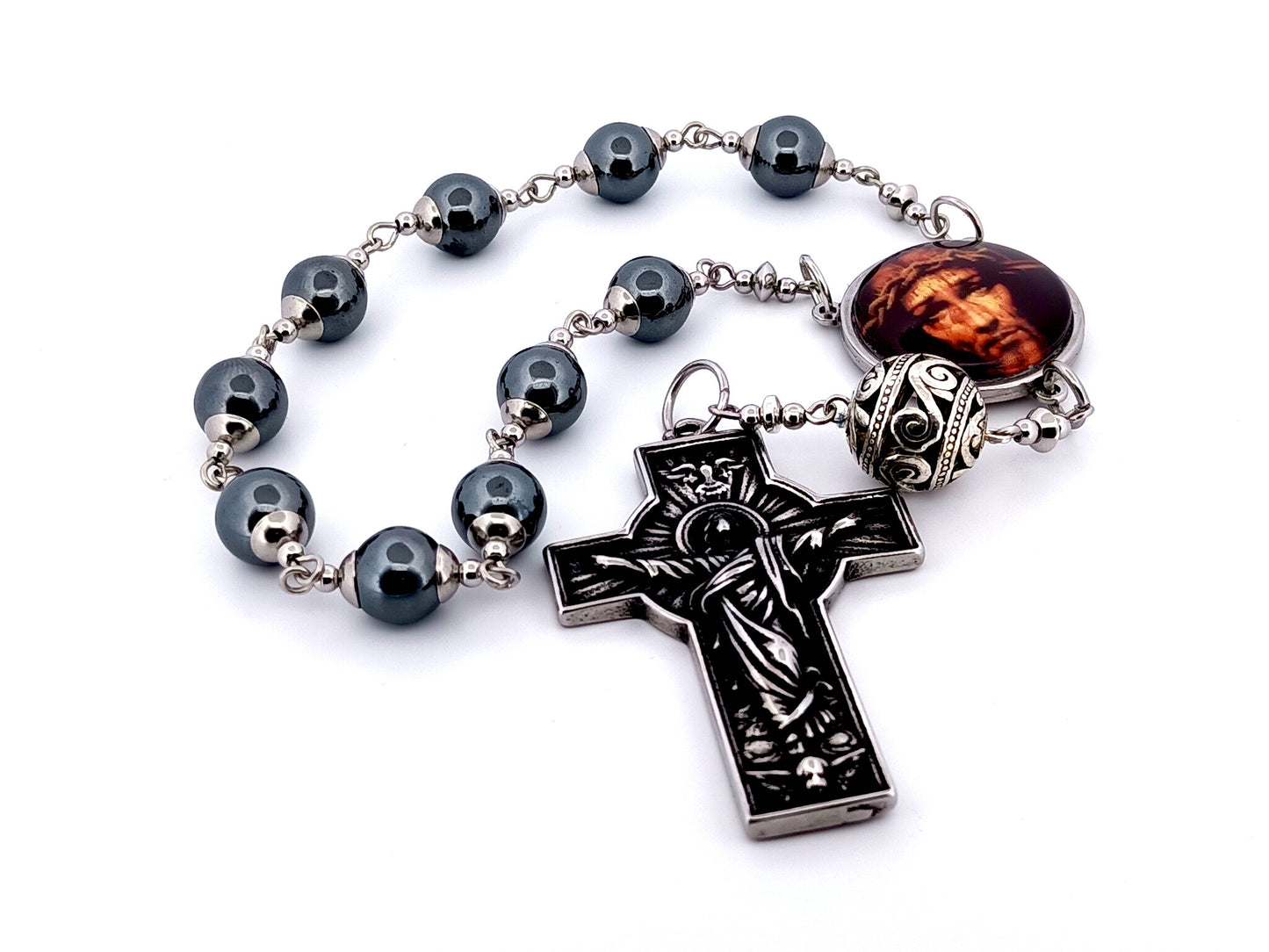 Holy Face unique rosary beads hematite gemstone single decade rosary with stainless steel Resurrection crucifix.
