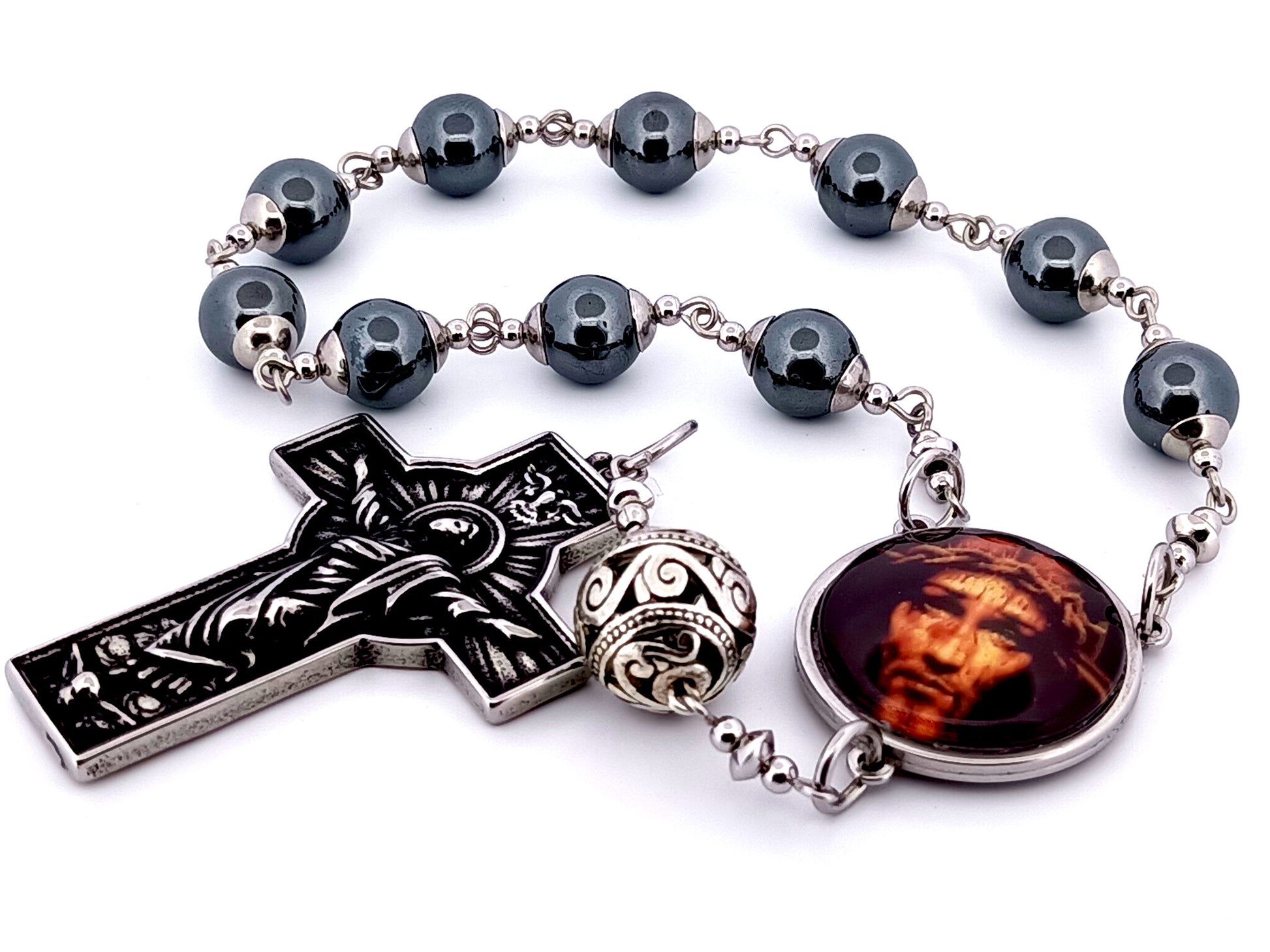 Holy Face unique rosary beads hematite gemstone single decade rosary with stainless steel Resurrection crucifix.