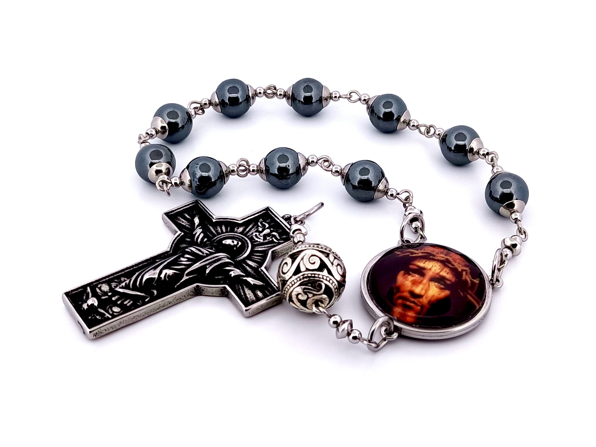 Holy Face unique rosary beads hematite gemstone single decade rosary with stainless steel Resurrection crucifix.